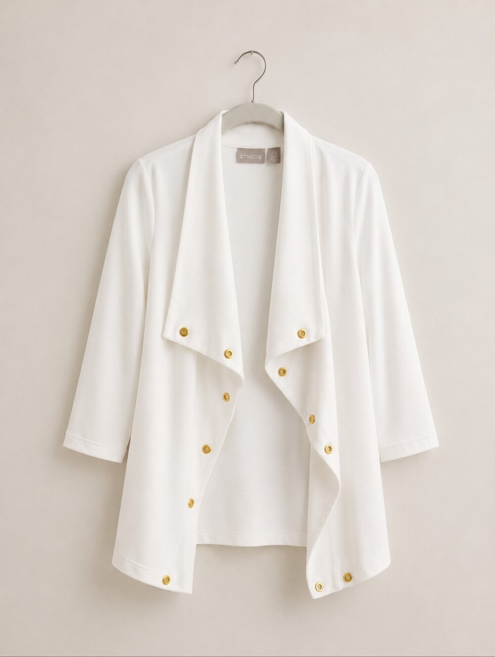 Chico's White Draped Open-Front Sweater-Jacket with Gold Buttons